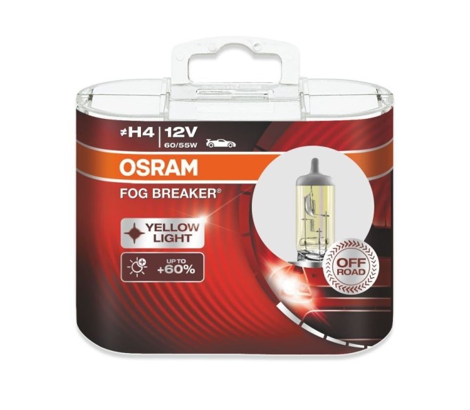 Лампа Osram H4-12-60/55 +60% FOG BREAKER 2600K набор 2шт Евро-бокс