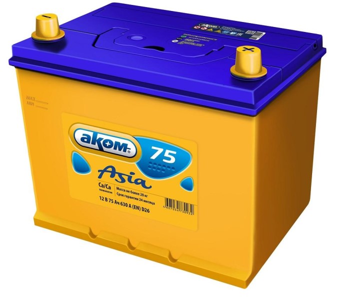 Аккумулятор Asia 6 СТ* 75 630А п/п (+/-) D26 260х173х225