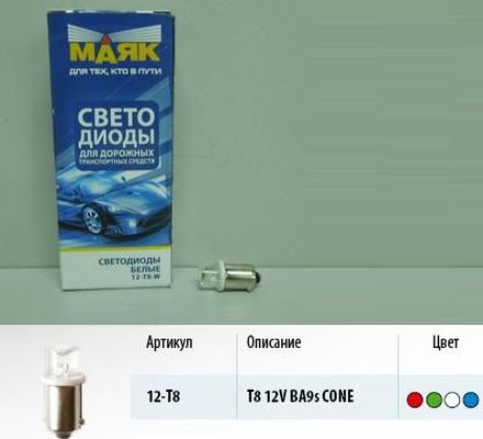 Лампа светодиод. 12V T 4W 1 диод белая конус с цоколем