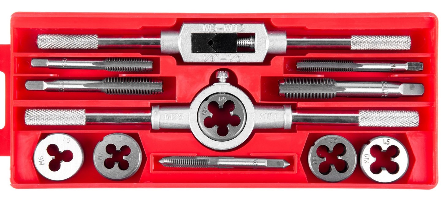 Набор метчиков и плашек  12 предметов, М6-М12, с держателем, в кейсе