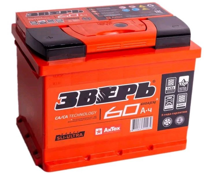 Аккумулятор 6СТ 60Ah пп(+,-) 650А ЗВЕРЬ Ca/Ca. Гарантия 3 года