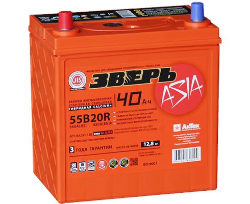 Аккумулятор АЗИЯ B19 ЗВЕРЬ 6 СТ 40 Ah пп(+,-) 560А (размер 187*129*223)