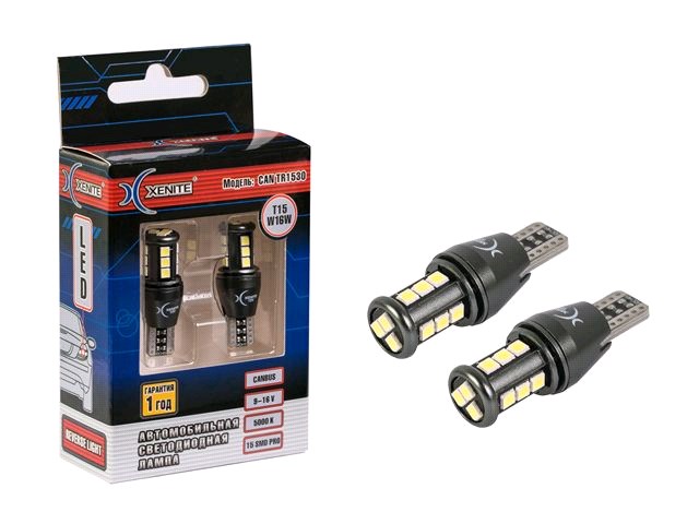 Лампа светодиод. 12V W16W бесцок. 15 диодов SMD белая 5000K, 750 Lm. Canbus (обманка), 2шт, Гарантия 1 год