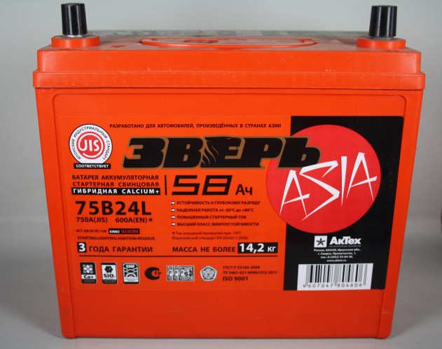 Аккумулятор АЗИЯ B24L ЗВЕРЬ 6СТ 58 Ah оп(-,+) (размер:238*129*223 пуск. ток 600/750А)