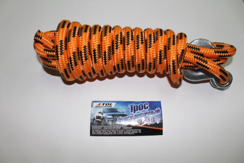 Трос буксировочный (веревка) 10т. плетен. 2 крюка /4,5 м/ усилен.