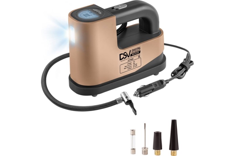 Компрессор DSV цифровой с автостопом 35 л/мин, LED фонарь, сумка, доп. предохранитель, переходники