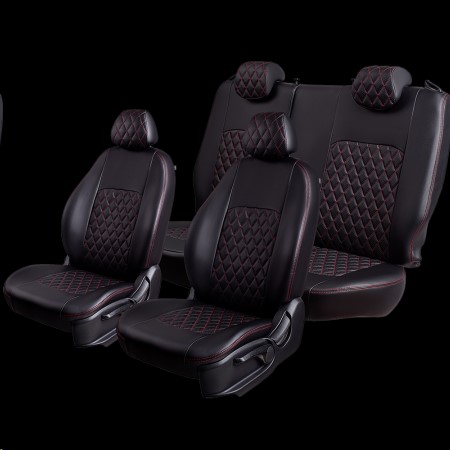 Чехлы на сиденья Volkswagen Polo-5 седан (6R/6C) с 03.2008 г. 2П+1Г Турин Ромб Экокожа черная/нить красная (цельн. зад.