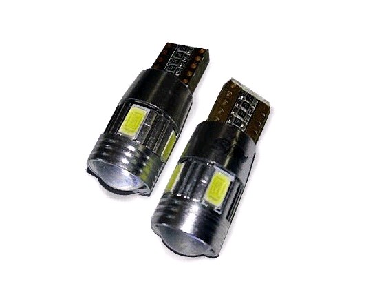 Лампа светодиод. 12V T10 бесцок. 5 диодов (обманка)белая (5730) CANBUS линза (W5W) блистер 2шт