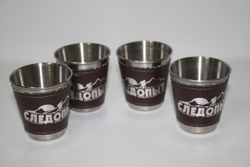 Рюмка СЛЕДОПЫТ 60 мл, в кожаной тубе, рюмки в доп. кожаном оплете (4 шт)