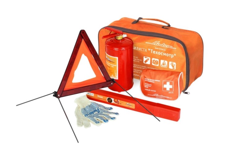 Набор автомобилиста Техосмотр (знак авар. AT-02, аптечка AM-01, огнетушитель ОП2 AO-OP2, перчатки AWG-C-01)