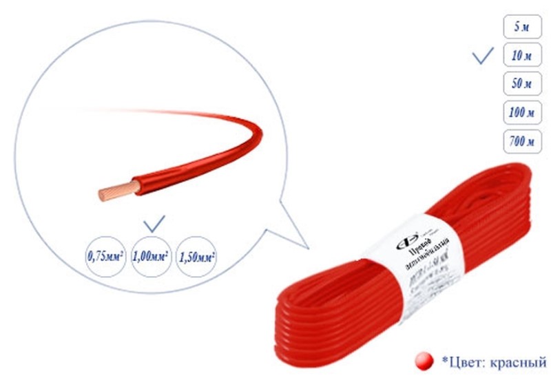 Провод монтажный  1,0мм2  пучок 10м ПГВА красный