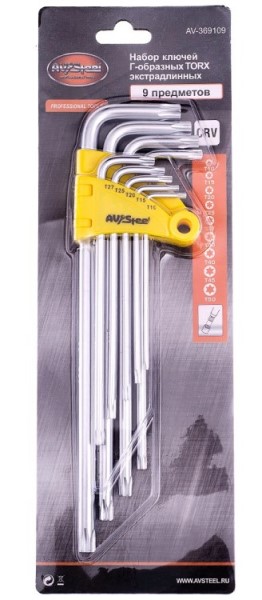Набор  ключей TORX  9 предметов (T10,T15,T20,T25,T27,T30,T40,T45,T50) Г-образных экстрадлинных CrV