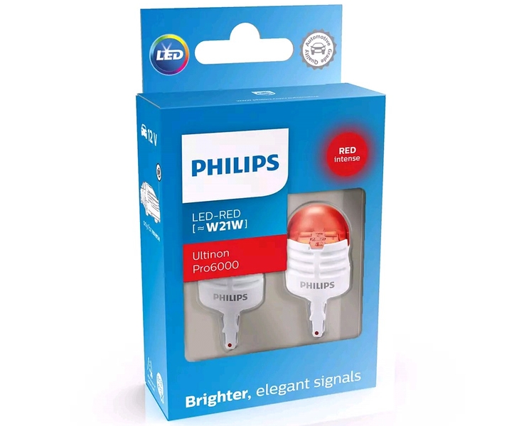 Лампа светодиод. 12V T20 бесцок. красная, 75Lm, Ultinon Pro6000 SI (W21W) набор 2шт (PHILIPS)