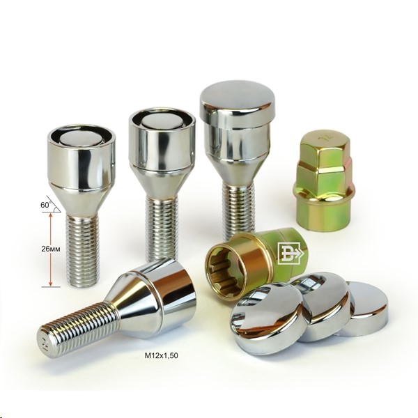 Болты колесные (секретные)  M12*1,5*26 Хром Конус вращ. кольцо хром.пласт. Колпачок 2 кл.